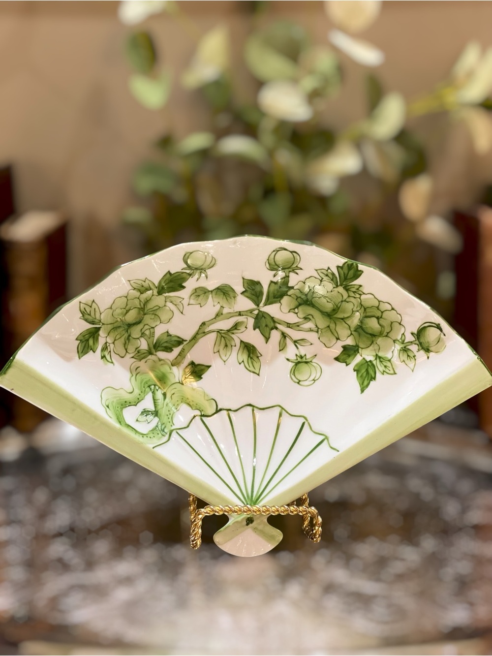 Vintage Chinoiserie Asian Floral Porcelain Tray Dish Green White